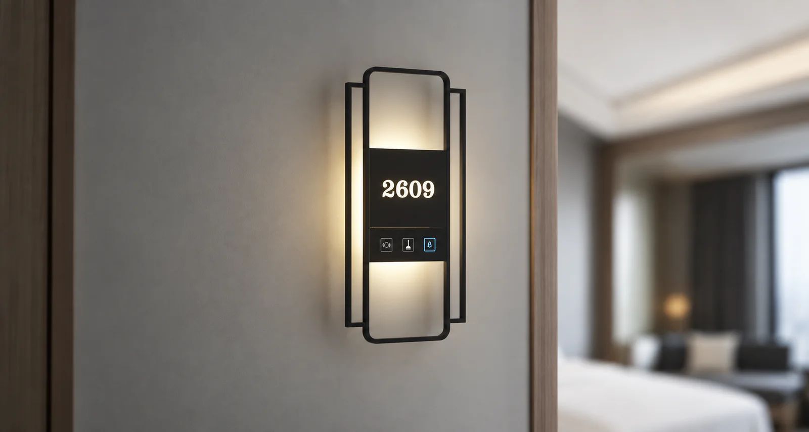 Illuminated electronic hotel door sign displaying room 2609