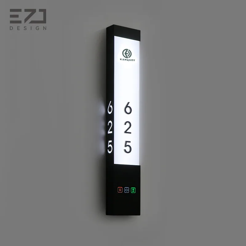 Angled view of a white side-light hotel room sign with status symbols