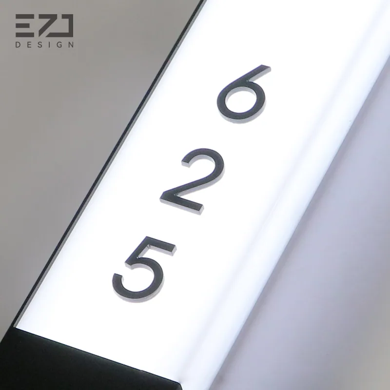 Close view of illuminated room numbers on a white side-light sign
