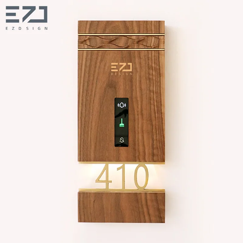 Wood-look electronic hotel door sign with illuminated room number and status controls