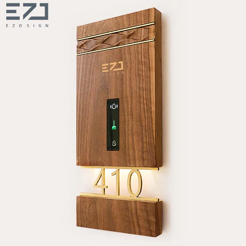 Front view of a wood-look electronic hotel door sign with illuminated room number