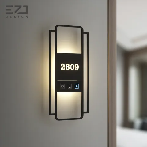 Geometric black electronic hotel door sign with room number
